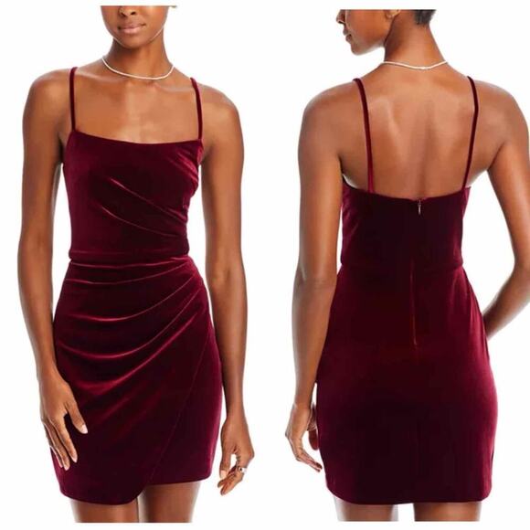 AQUA Ruched Velvet Mini Party Stretch Holiday Dress Size 8 Burgundy